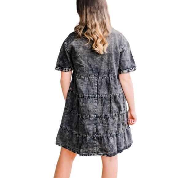 Charcoal Gray Black Acid Wash Button-down Short-sleeve Babydoll Dress W-672 Sz S - Picture 2 of 9